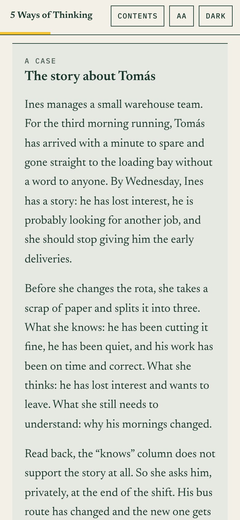 A case from Chapter 13: a warehouse manager splits what she knows from what she thinks before deciding about a quiet colleague.