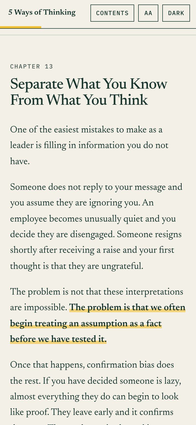 Chapter 13, Separate What You Know From What You Think, on a phone, with one line highlighted.