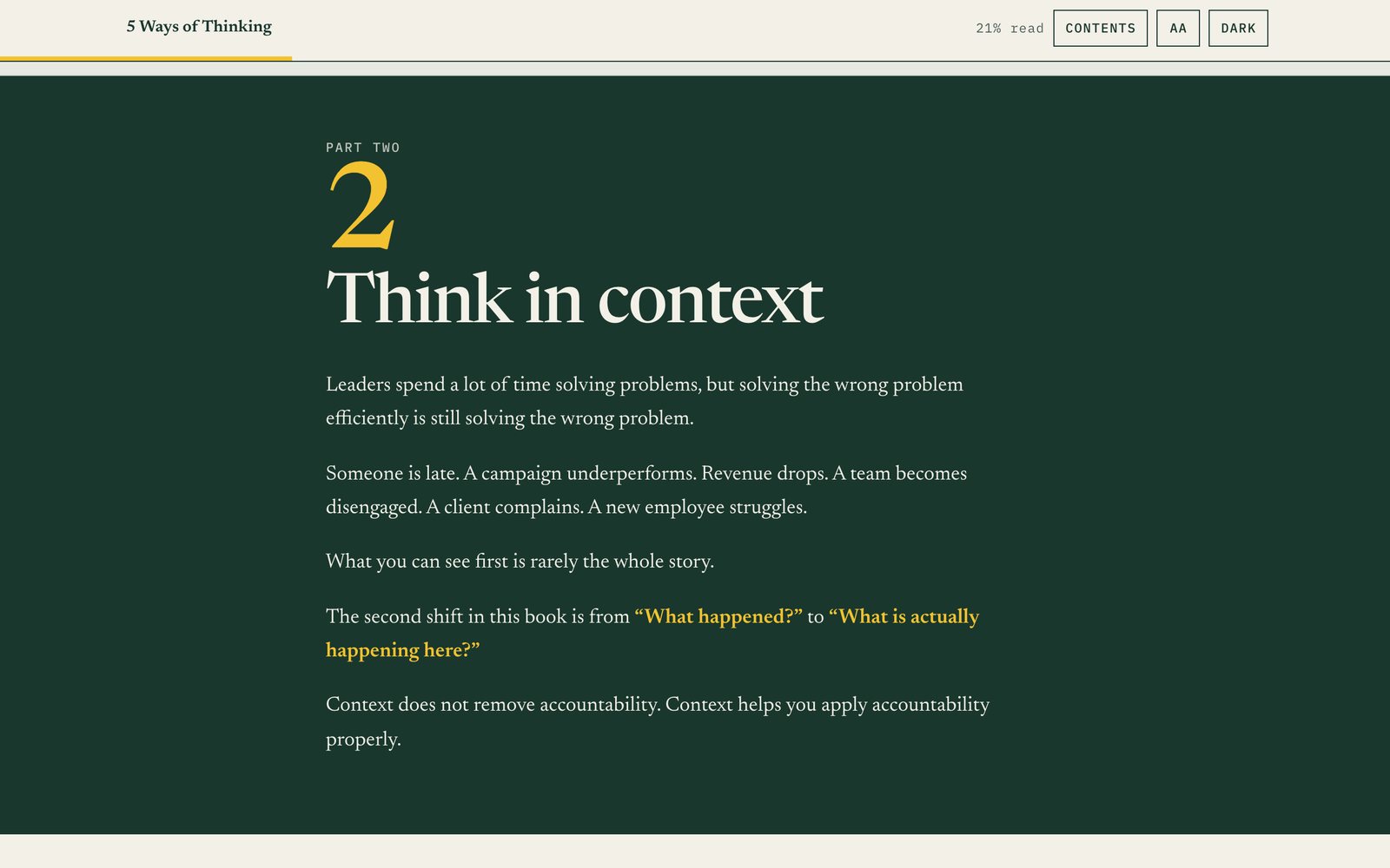 The opening of Part Two, Think in context, on a laptop.