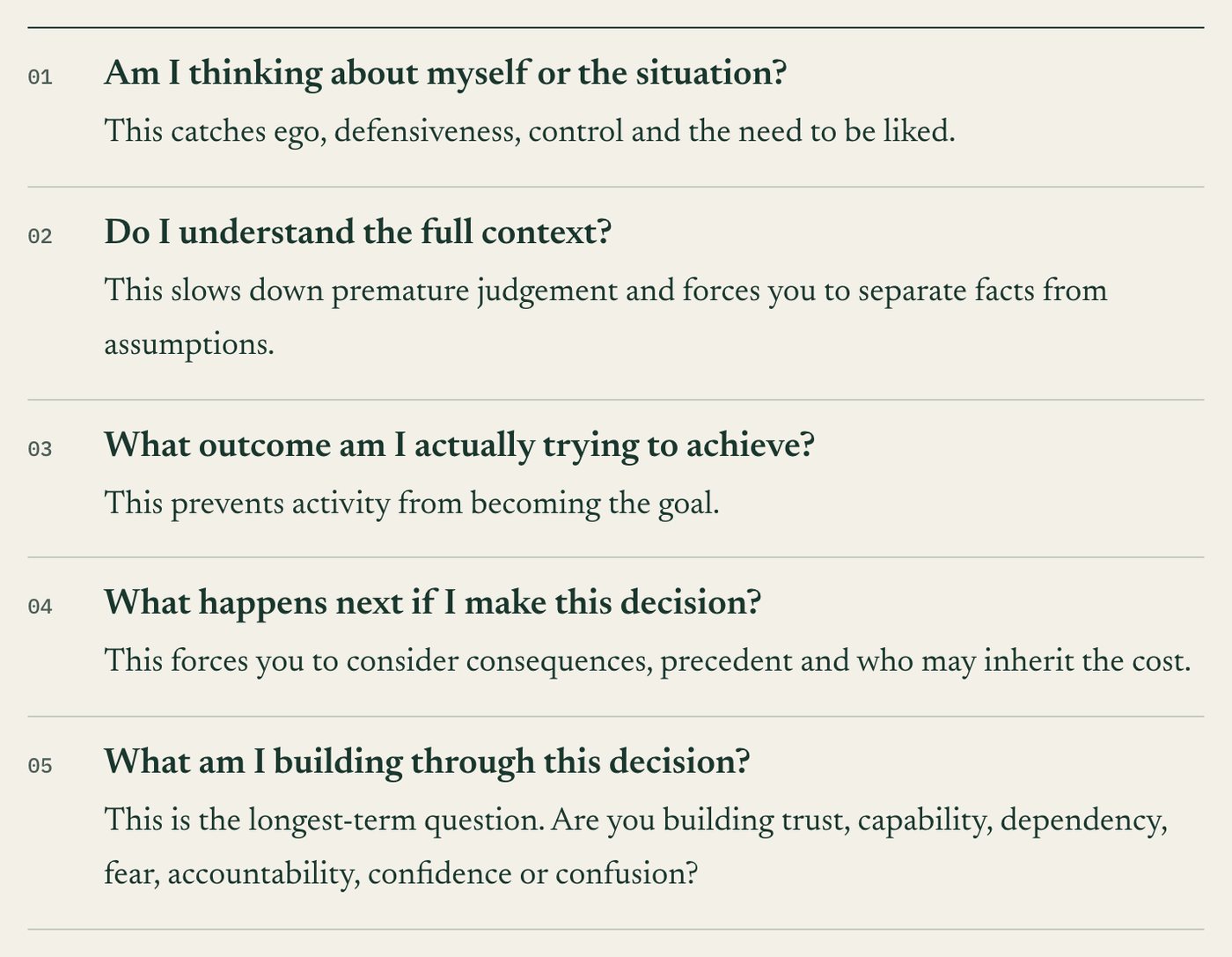 The five questions better leaders ask, from Chapter 48.