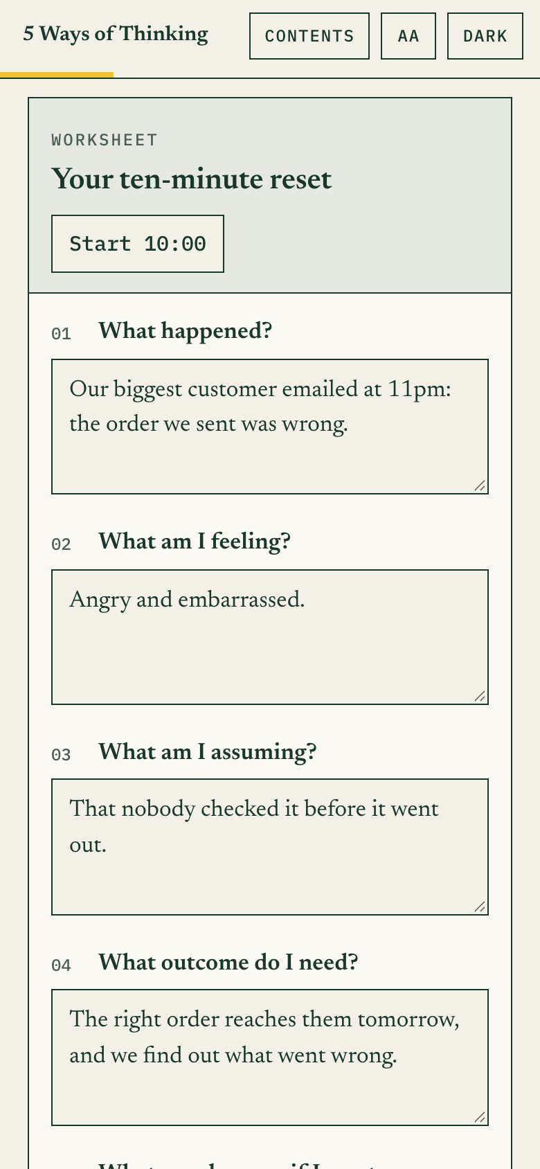The ten-minute reset worksheet with a 10-minute timer, filled in with an example.