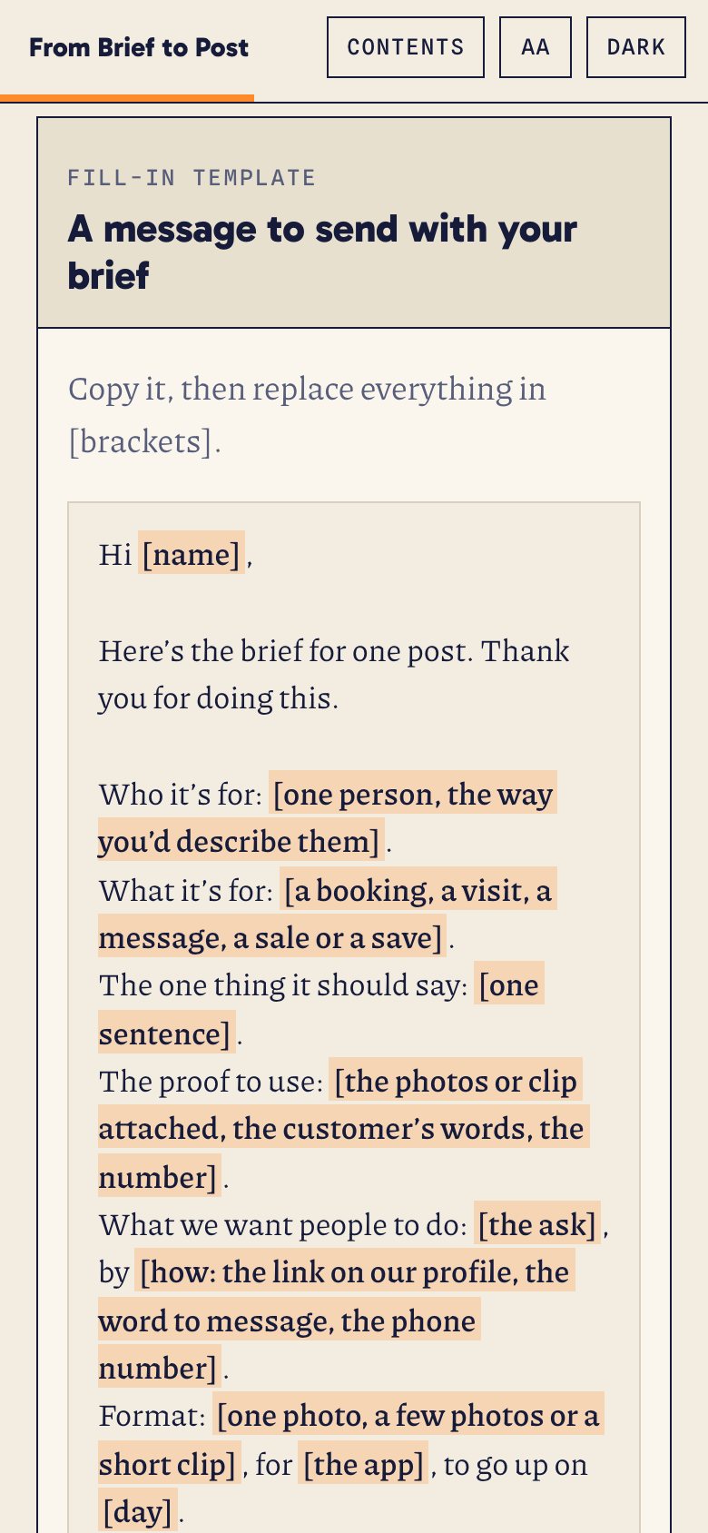 The message to send with your brief, in the web book, on a phone.