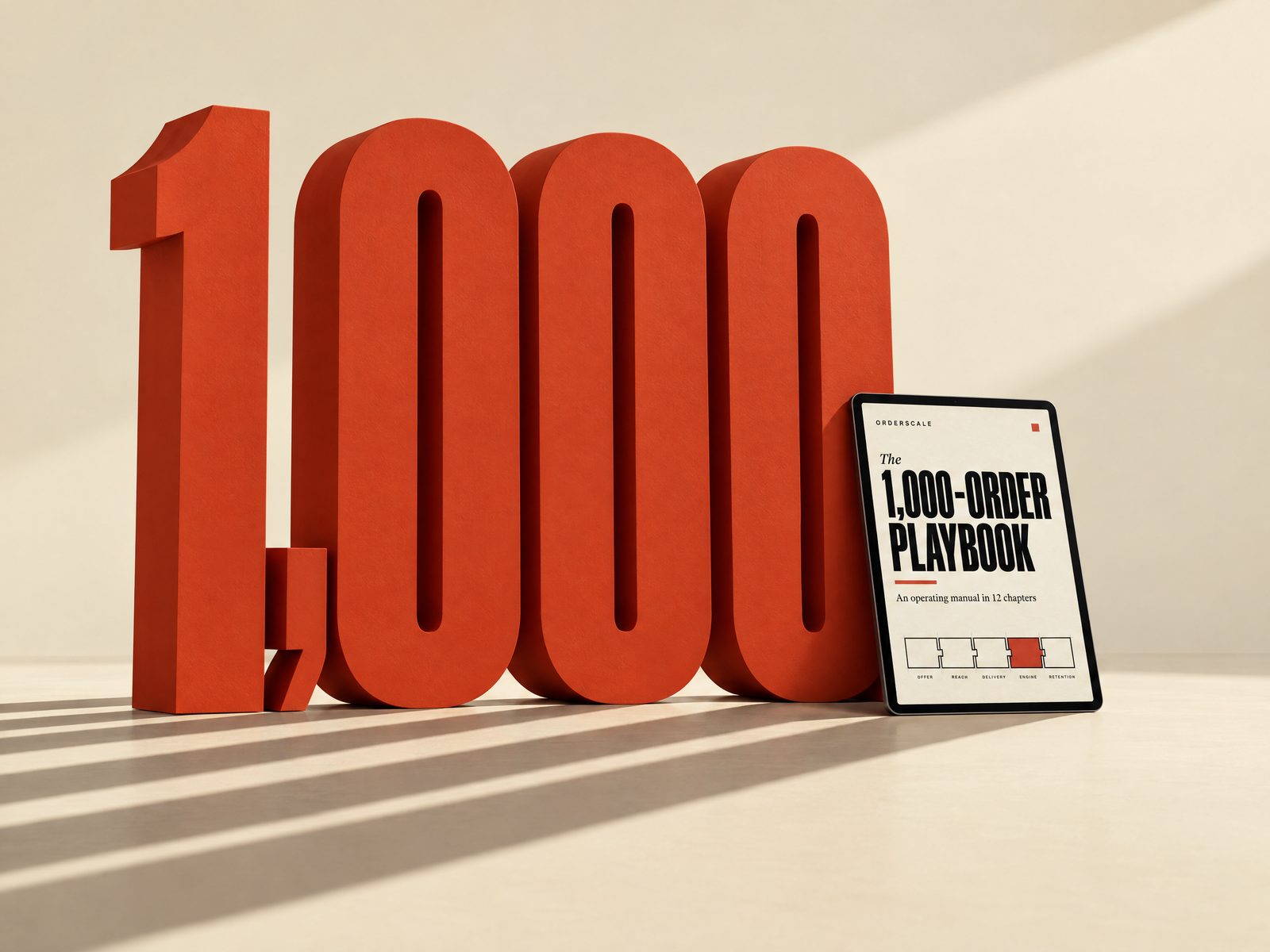 The 1,000-Order Playbook on a tablet, leaning on a giant red 1,000