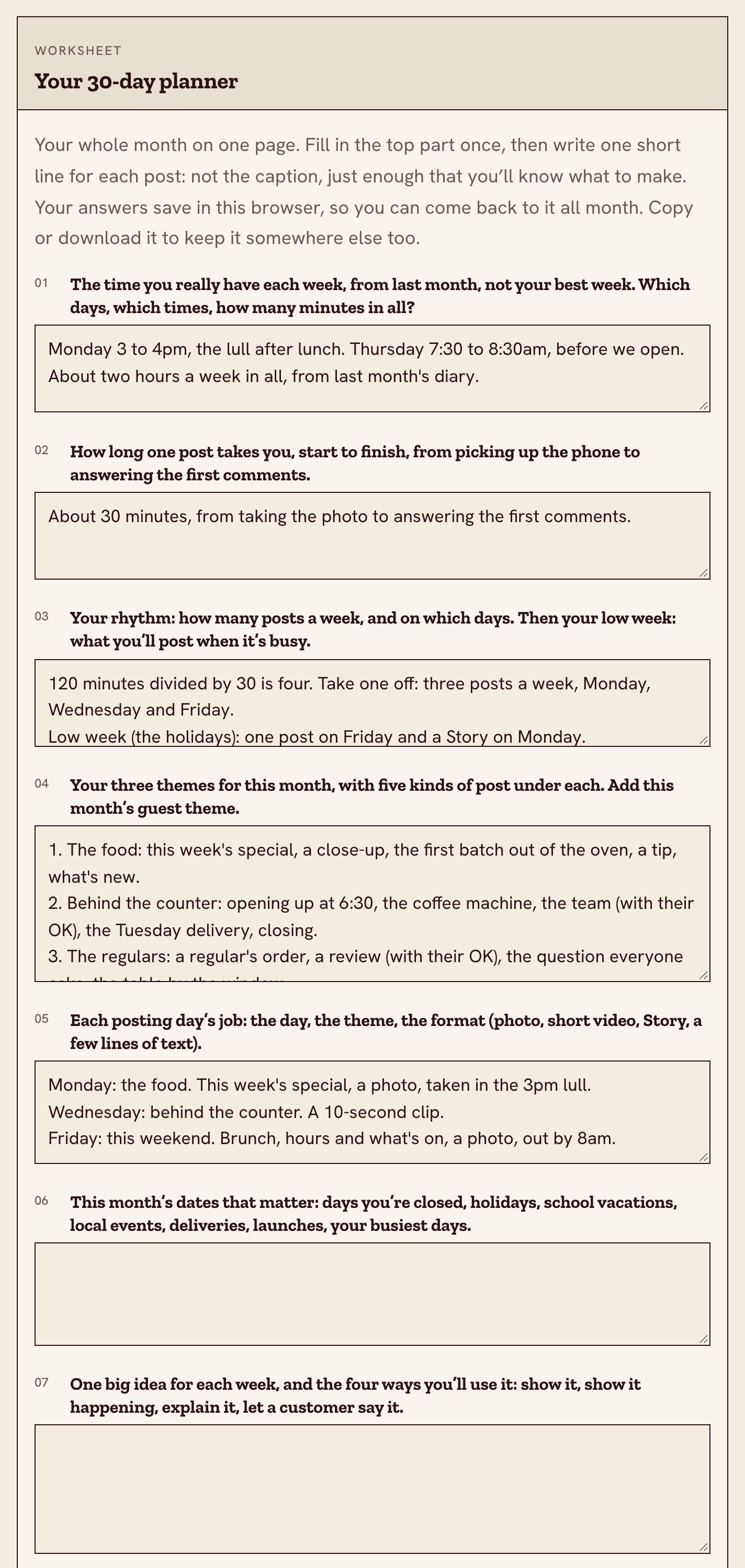 The 30-day planner worksheet in the web book, part filled in with an example for a small cafe.