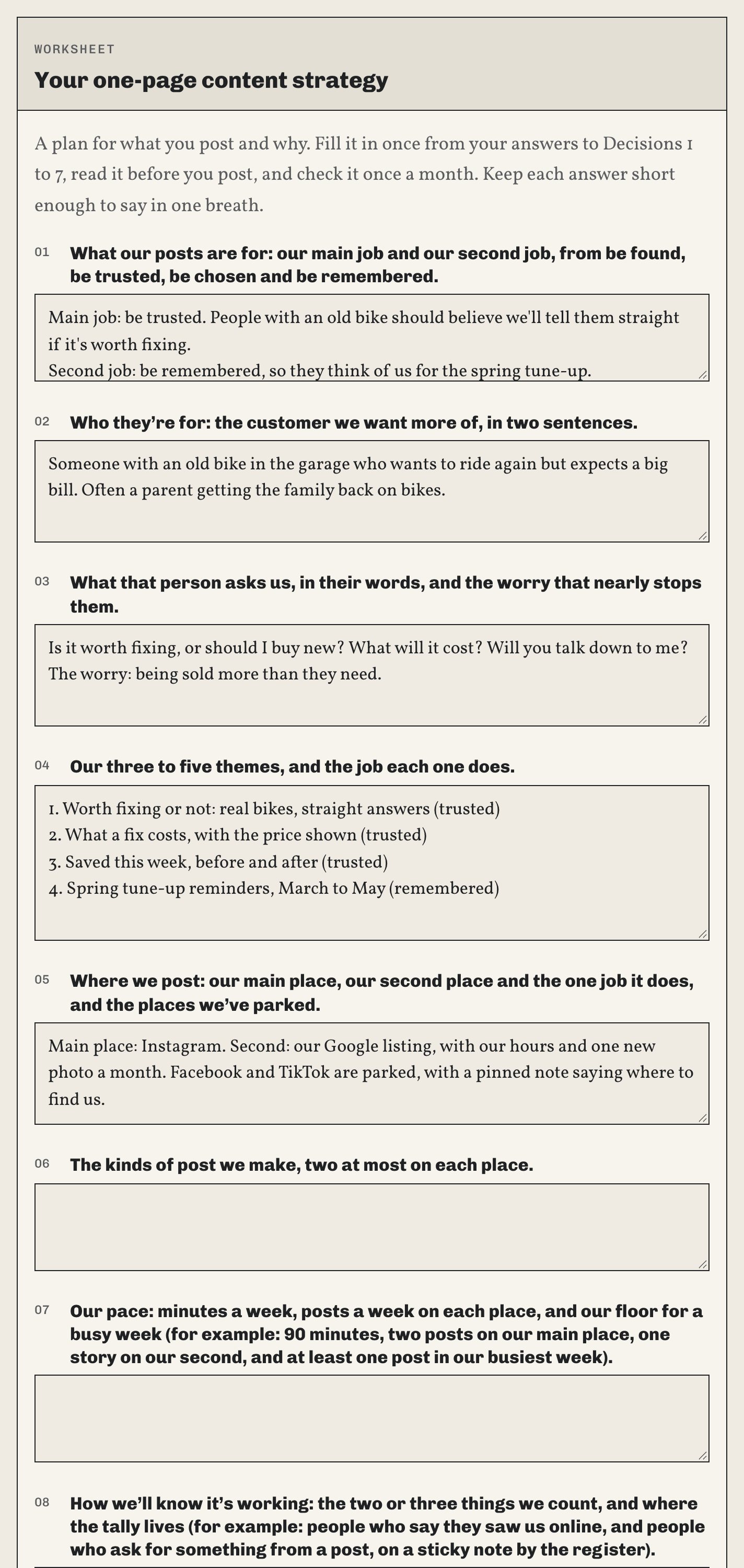 The one-page content strategy worksheet in the web book, part filled in with a made-up bike repair shop.
