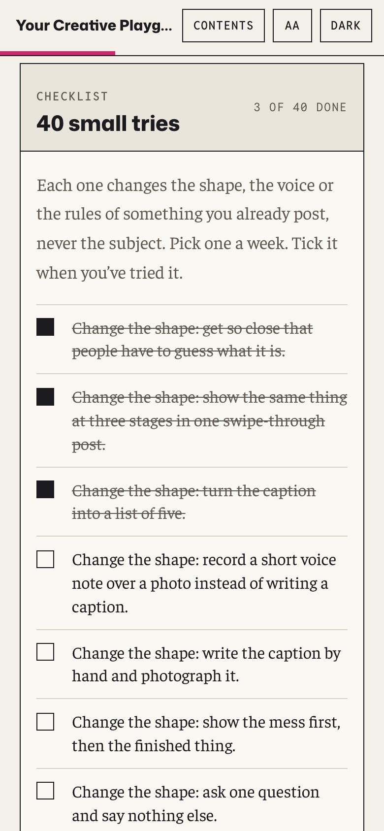 The 40 small tries checklist in the web book, on a phone, with three tries ticked.