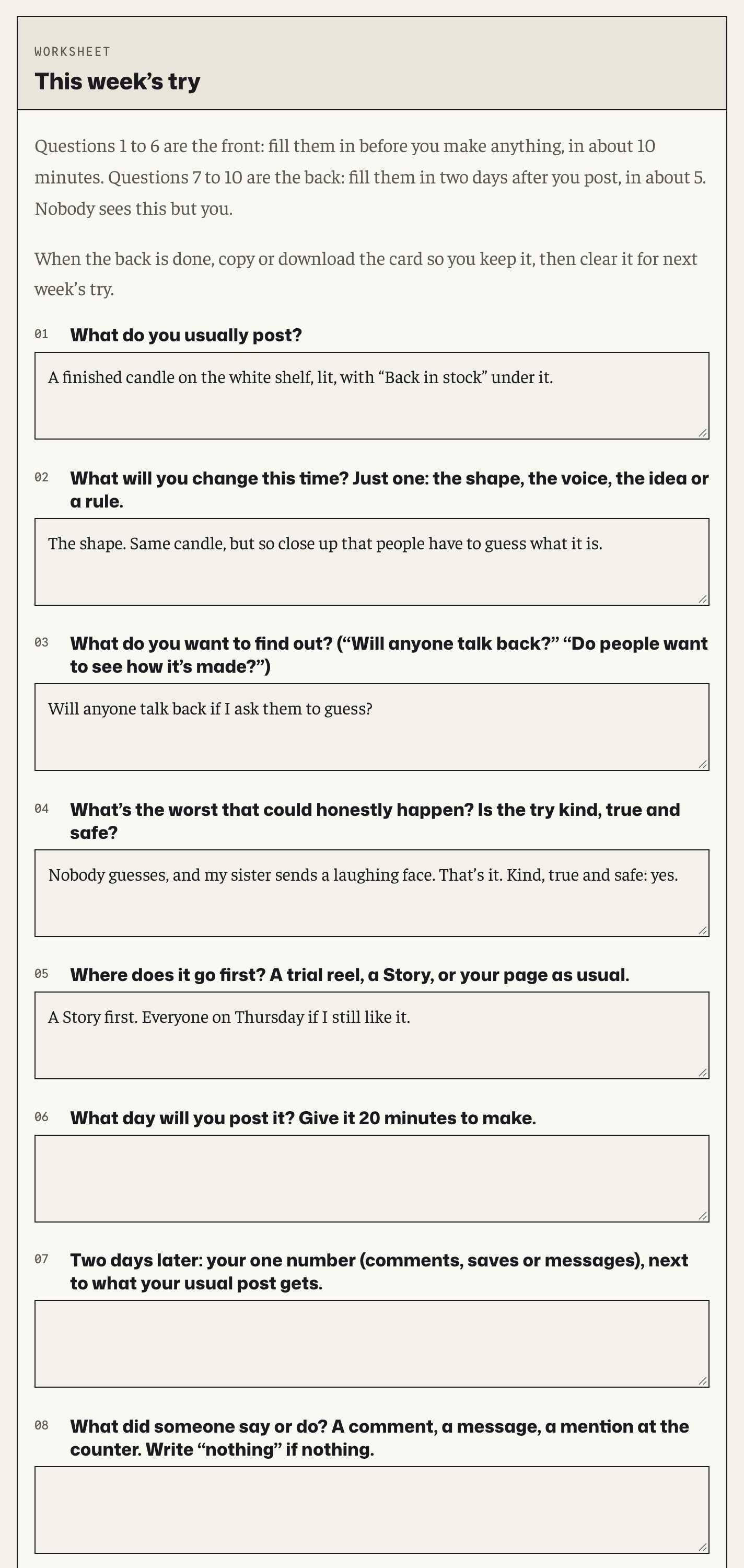 The “This week’s try” worksheet in the web book, part filled in with an example.