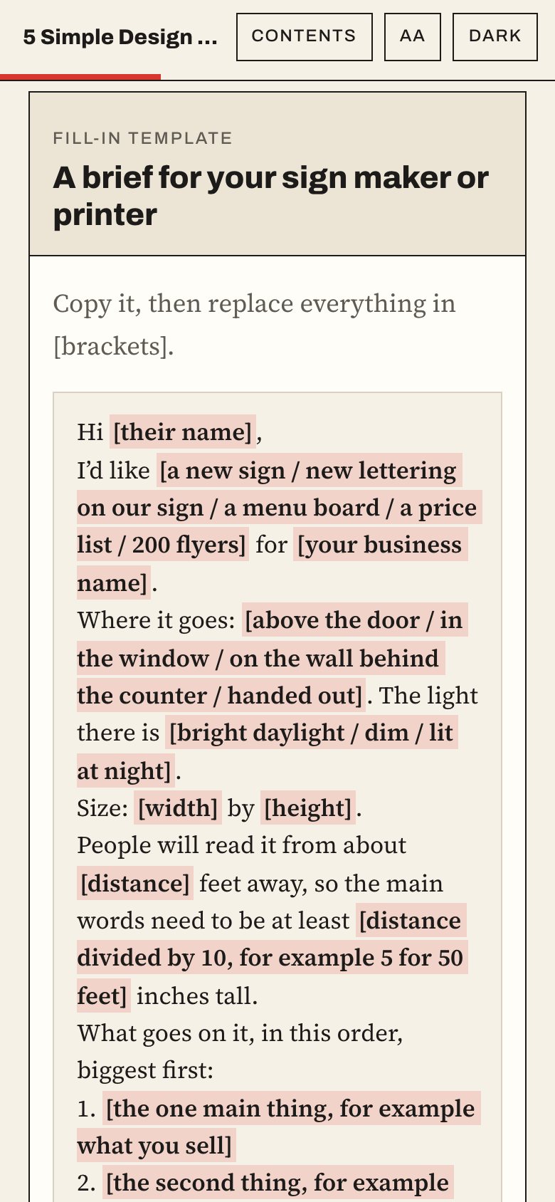 The brief for a sign maker or printer in the web book, on a phone.