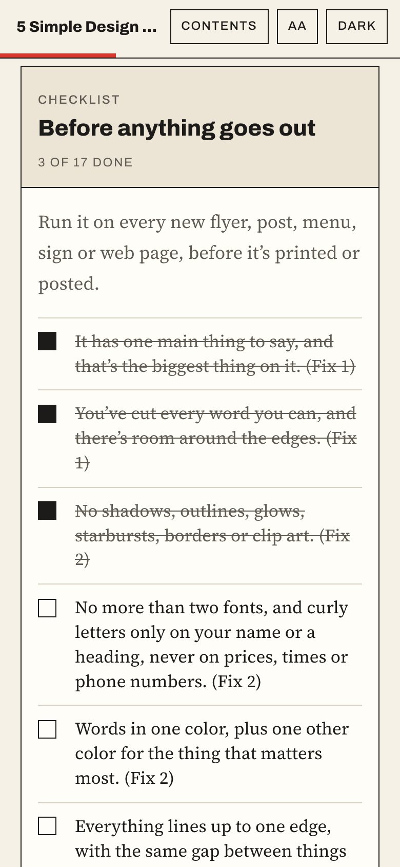 The before-anything-goes-out checklist in the web book, on a phone, with three items ticked.
