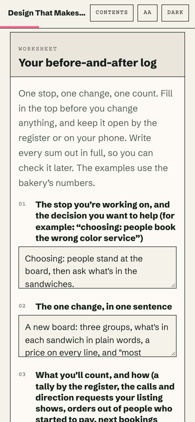 The before-and-after log in the web book, on a phone, with an example filled in.