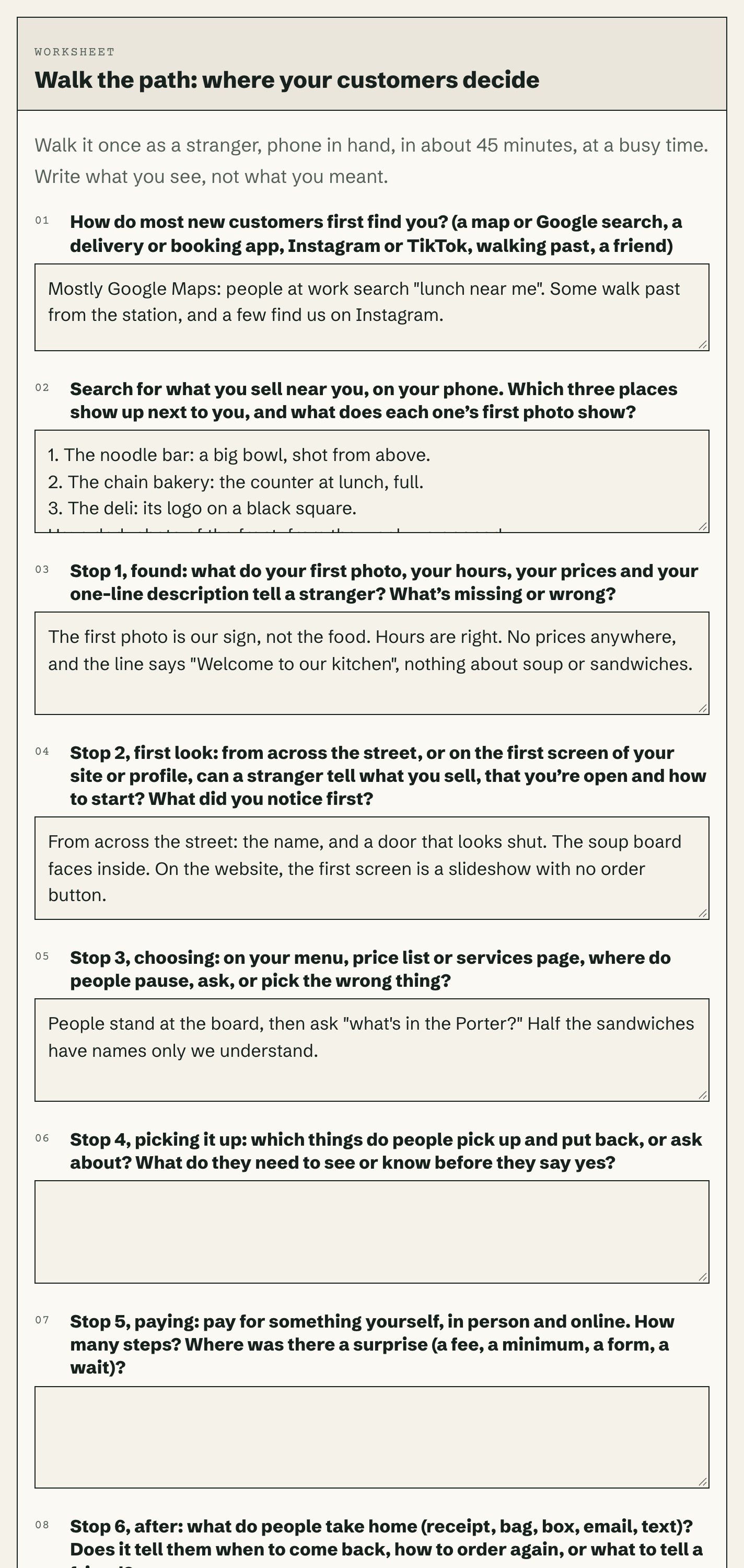 The walk-the-path worksheet in the web book, part filled in with an example.