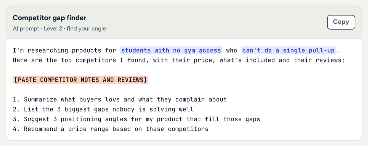 An AI prompt from the book, filled in with a worked example: students with no gym access who can't do a single pull-up.
