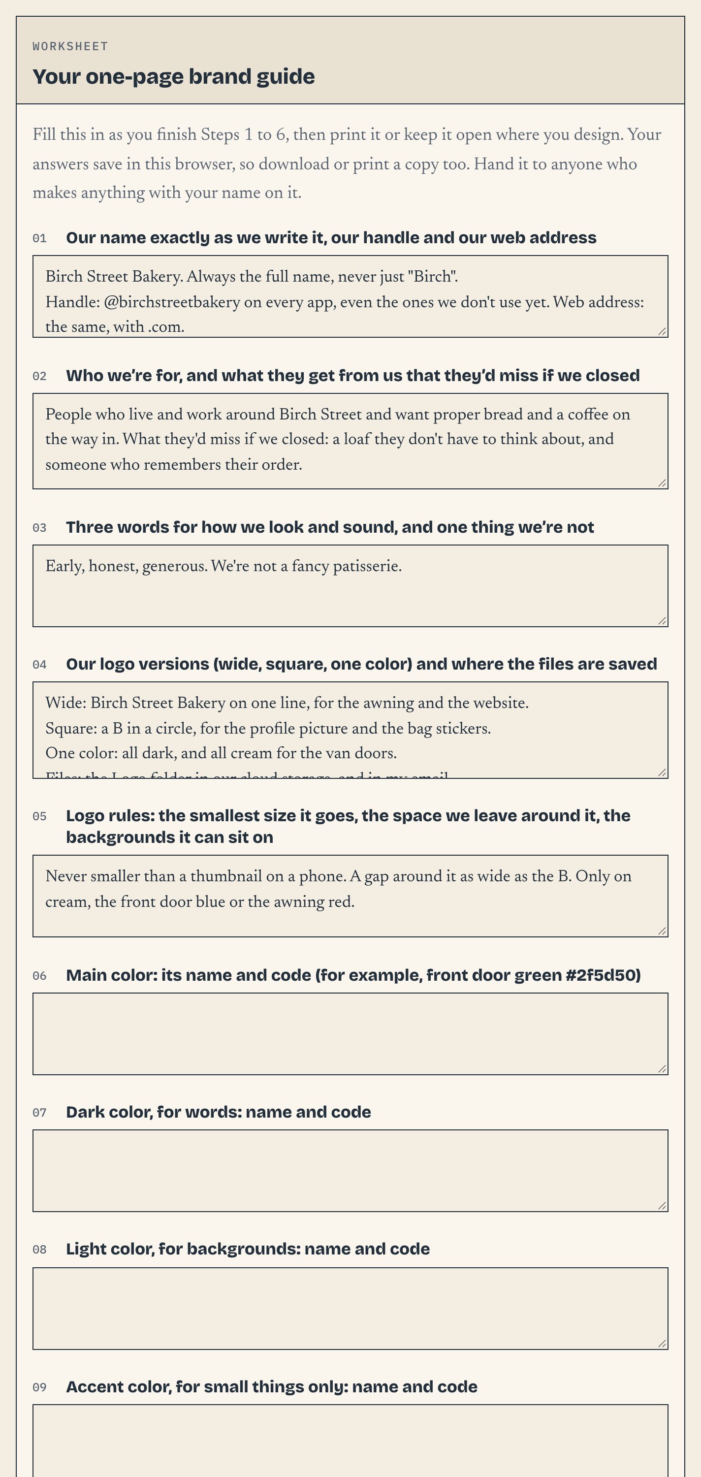 The one-page brand guide worksheet in the web book, part filled in with an example.