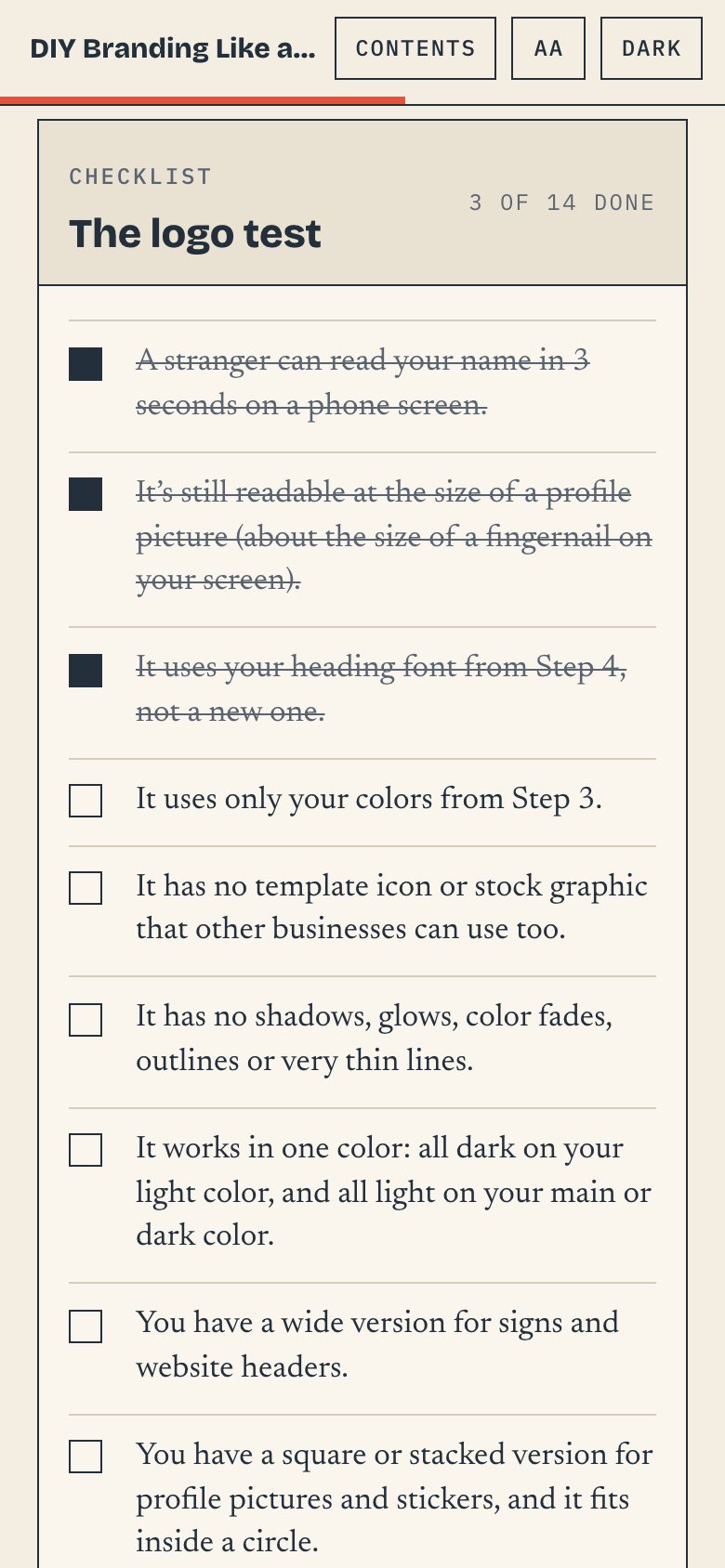 The logo test checklist in the web book, on a phone, with three items ticked.