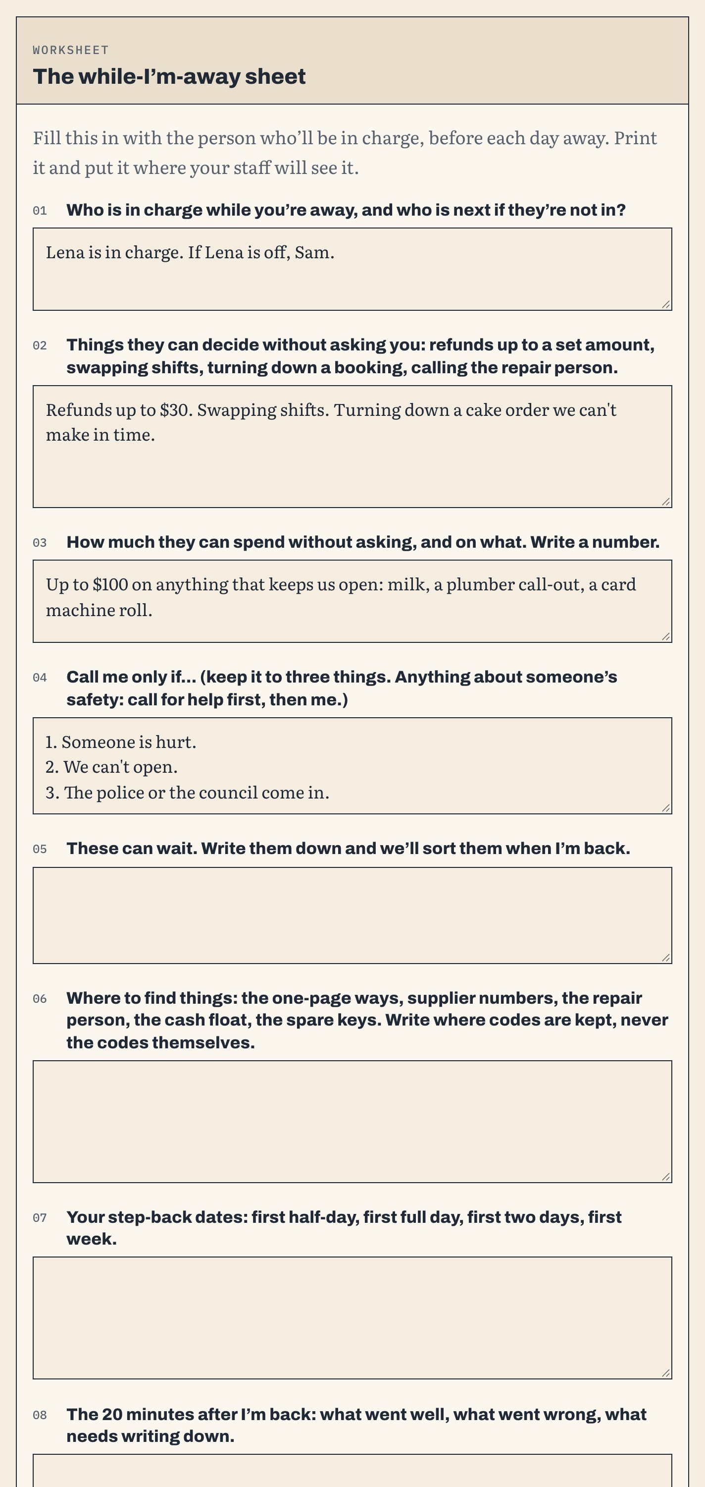 The while-I’m-away worksheet in the web book, part filled in with an example.