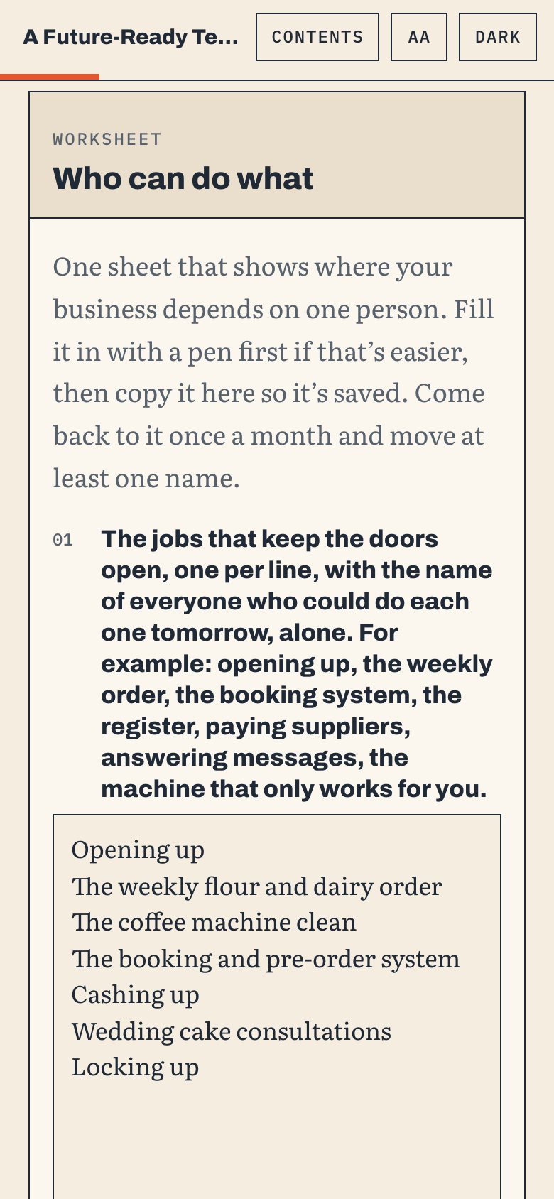 The Who can do what worksheet in the web book, on a phone, with an example filled in.