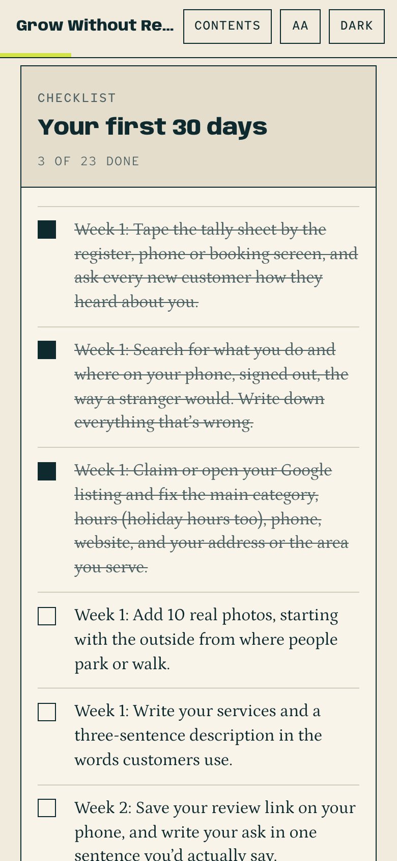 The first 30 days checklist in the web book, on a phone, with three items ticked.