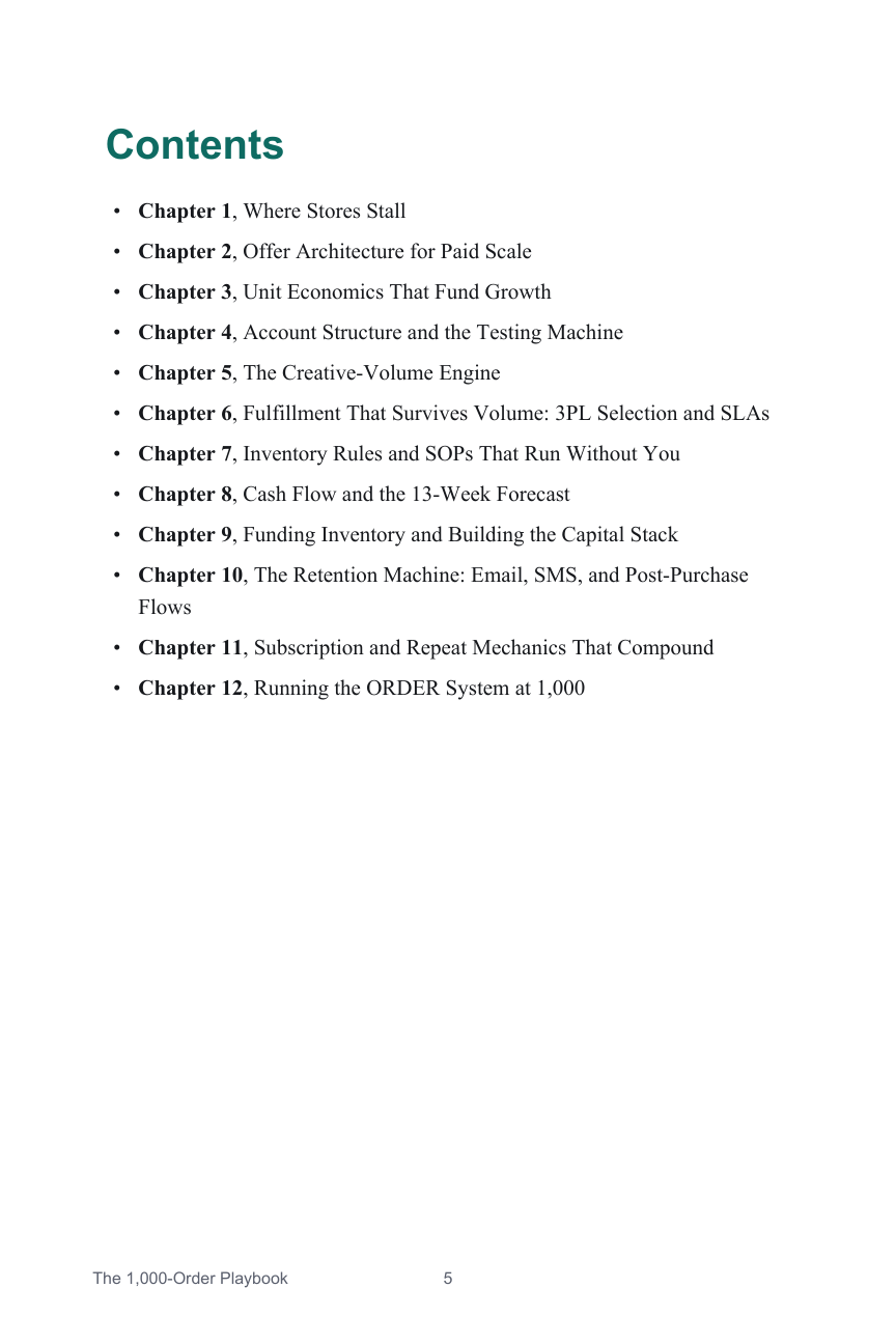 The contents page of The 1,000-Order Playbook