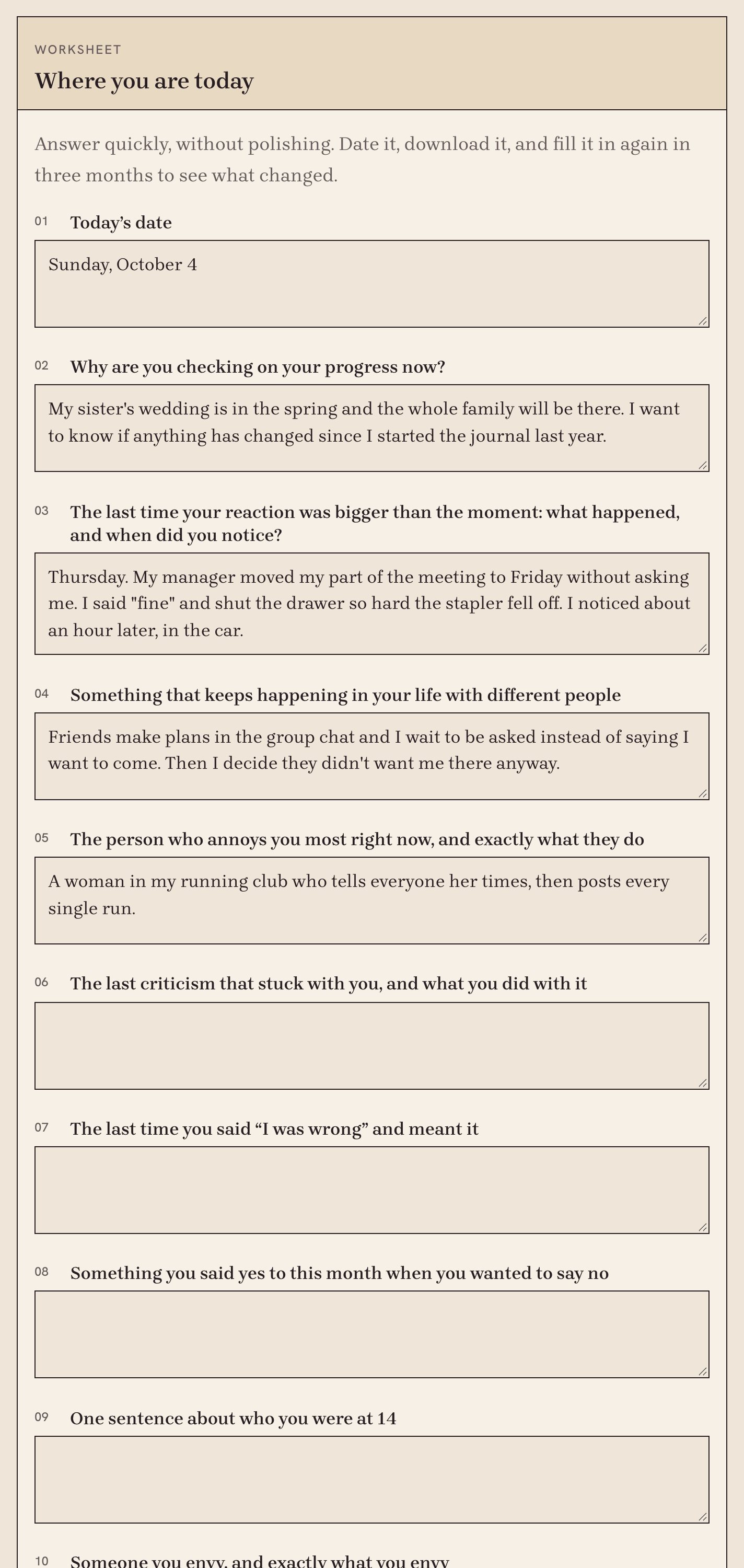 The Where you are today page in the web book, part filled in with a made-up example.