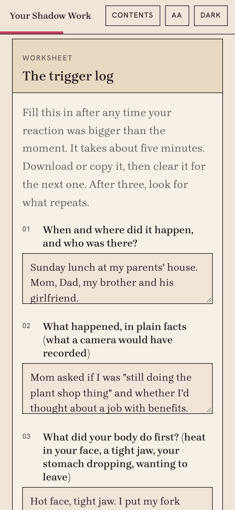 The trigger log in the web book, on a phone, with a made-up example filled in.