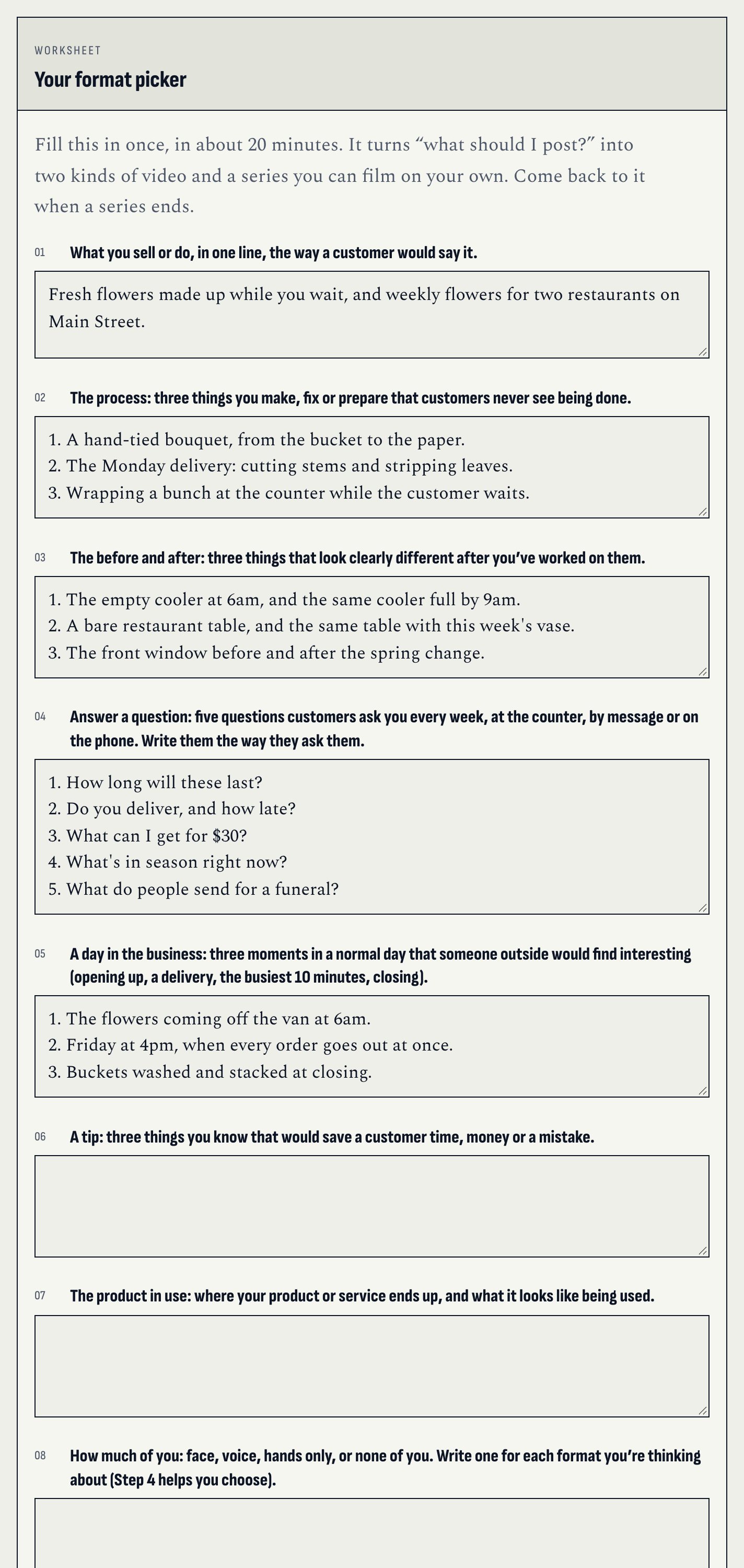 The format picker worksheet in the web book, part filled in with an example.