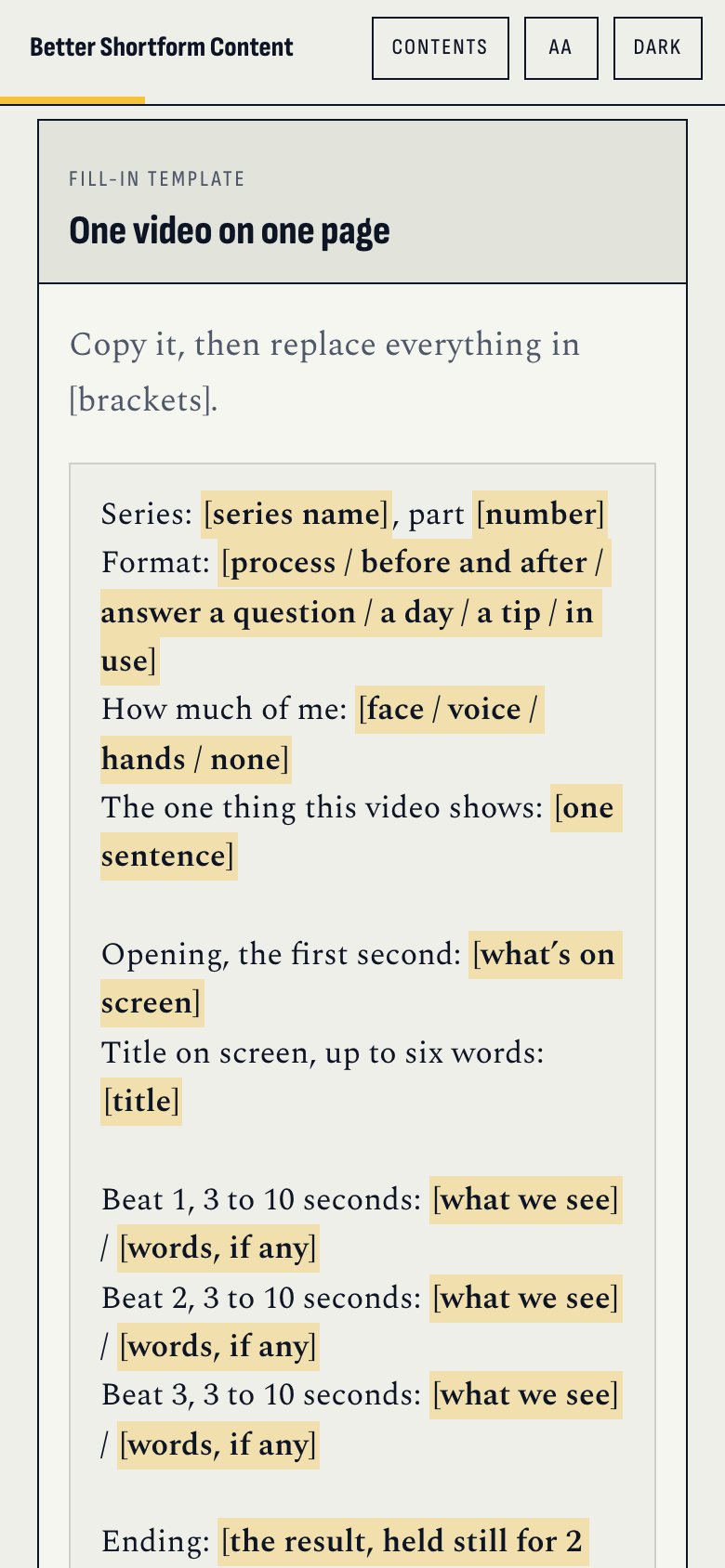 The one-video template in the web book, on a phone.