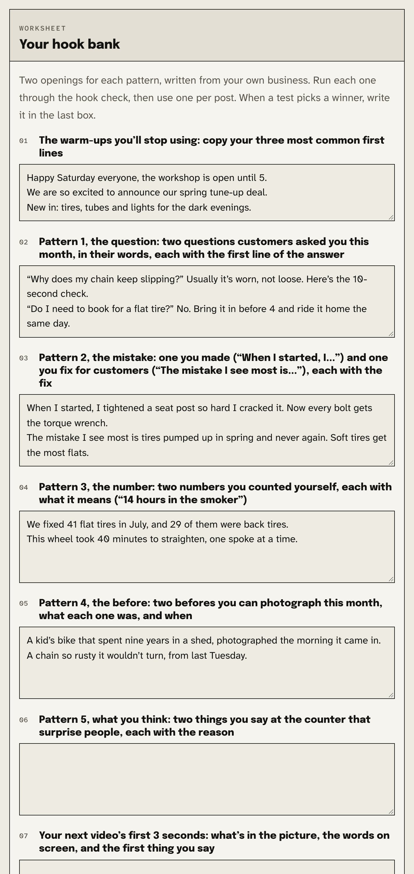 The hook bank worksheet in the web book, part filled in with a made-up example.