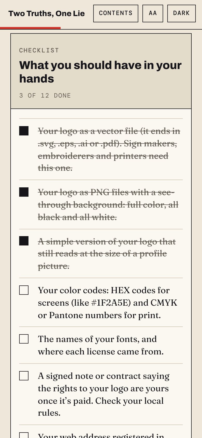 The What you should have in your hands checklist in the web book, on a phone, with three items ticked.
