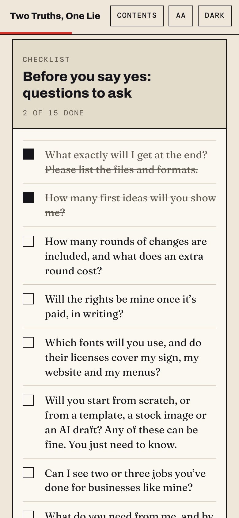 The questions to ask before you pay, a checklist in the web book, on a phone, with two items ticked.
